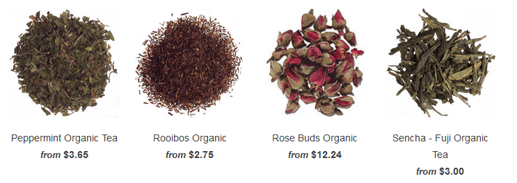 Visual image of tea, name of tea, starting price for smallest amount. Beautiful.