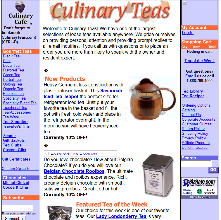The Culinary Teas site in 2003, courtesy of the Wayback Machine.
