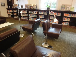 Comfy brown leather chairs and standing lamps