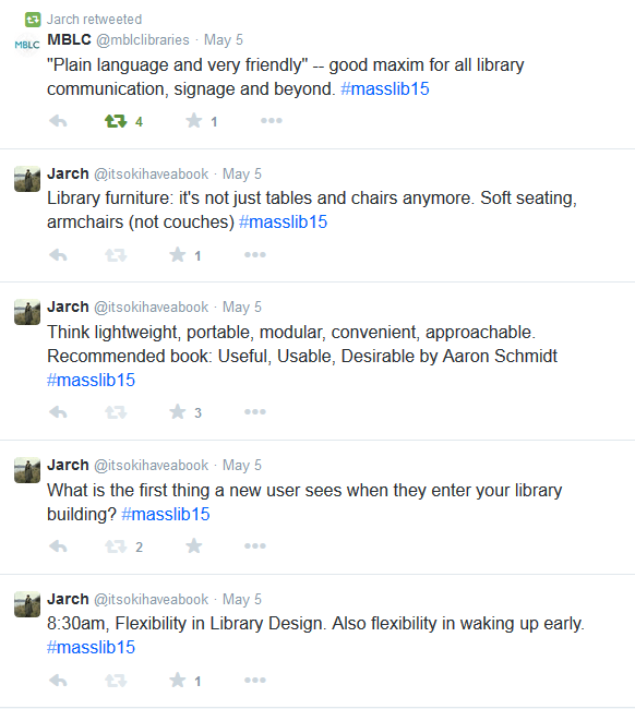 Screenshot of tweets including What is the first thing a new user sees when they enter your library building?
