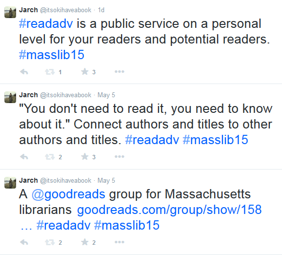 Screenshot of tweets including #readadv is a public service on a personal level for your readers and potential readers.