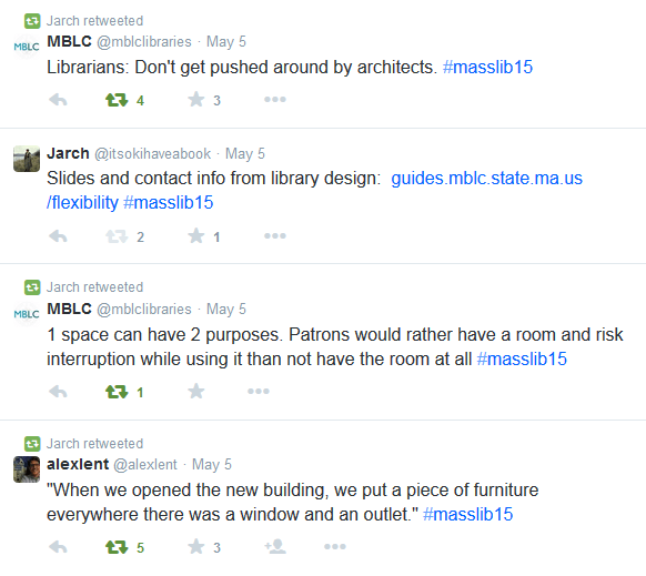 Screenshot of tweets, including "When we opened the new building, we put a piece of furniture everywhere there was a window and an outlet."