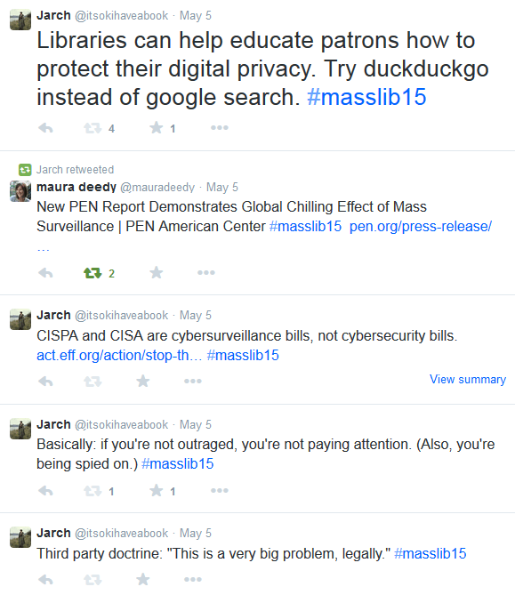 Screenshot of tweets, including Libraries can help educate patrons how to protect their digital privacy. Try duckduckgo instead of google search.