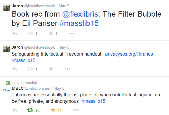 Screenshot of tweets, including Book rec from @flexlibris: The Filter Bubble by Eli Pariser #masslib15