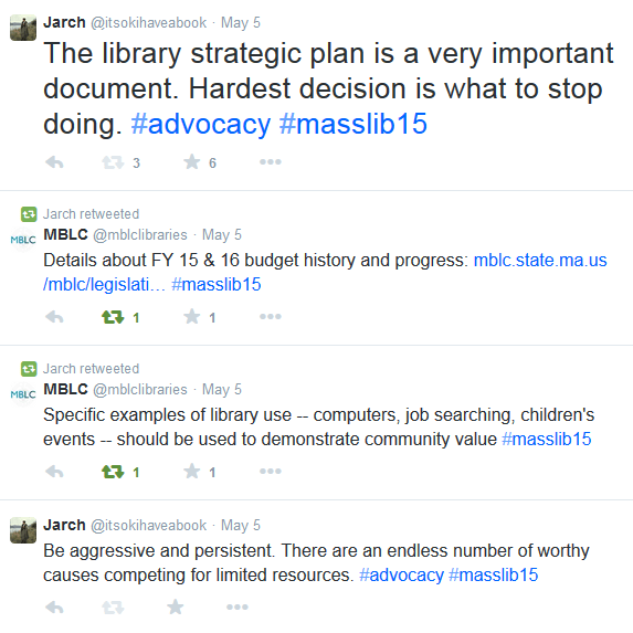 Screenshot of tweets, including Be aggressive and persistent. There are an endless number of worthy causes competing for limited resources. #advocacy