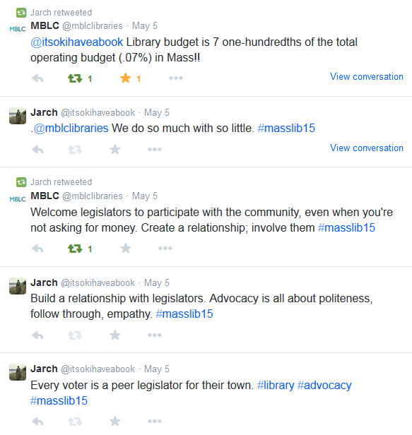 Screenshot of tweets, including Library budget is 7 one-hundredths of the total operating budget (.07%) in Mass!!