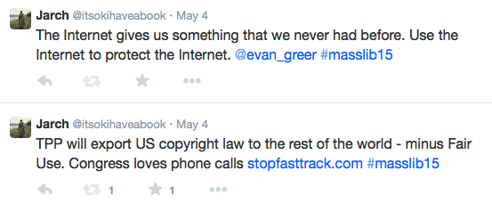 Screenshot of tweets including TPP will export US copyright law to the rest of the world - minus Fair Use. Congress loves phone calls https://www.stopfasttrack.com/ 