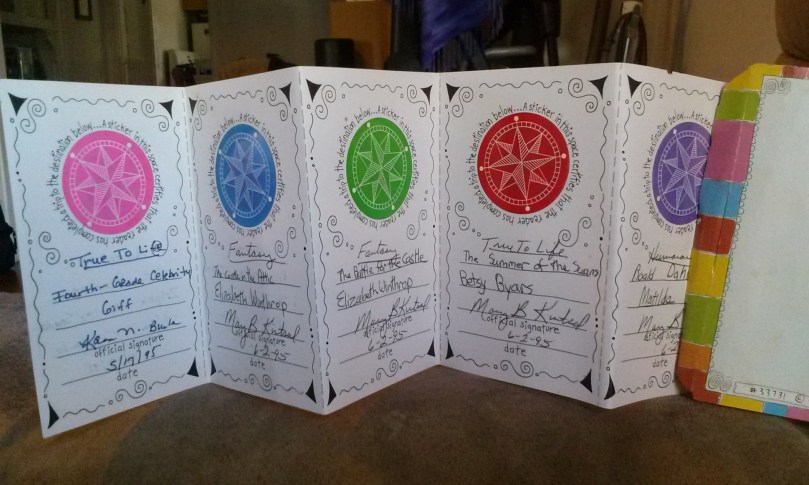 reading passport with stickers