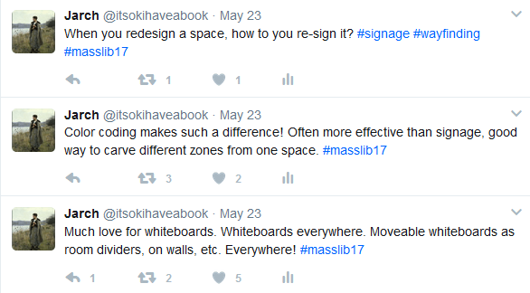 Screenshots of tweets about co-working spaces in libraries