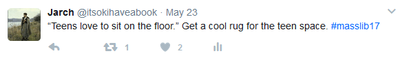 Screenshot of tweet: Teens love to sit on the floor. Get a cool rug.
