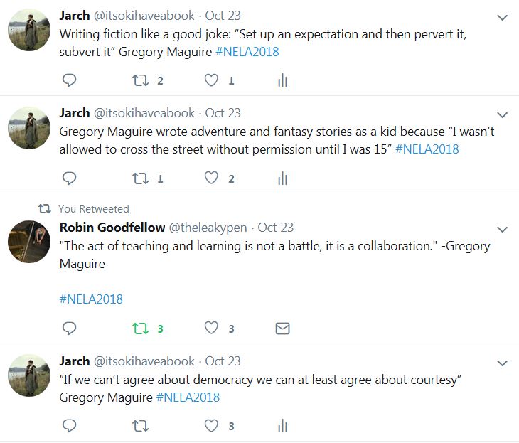Screenshot of tweets from Gregory Maguire talk