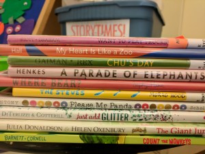 Stack of books for storytime, spines out