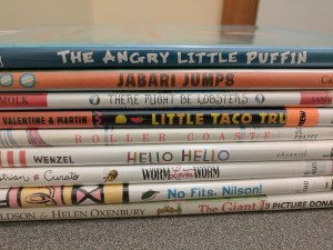 Pile of picture books, spines showing