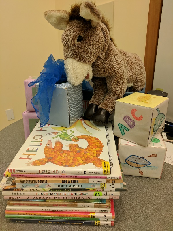 Books, donkey, song cubes, scarves, yoga cubes