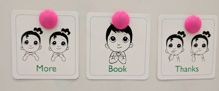 Sign language flash cards (more, book, thanks)