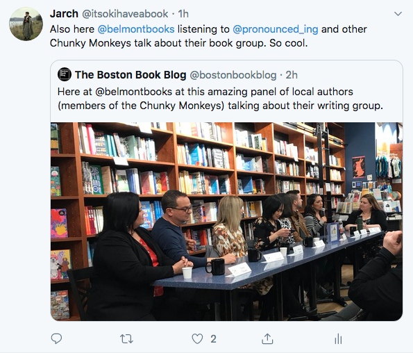 screenshot of @bostonbookblog tweet and photo of panel at bookstore