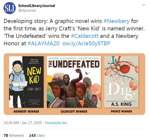 Screenshot of SLJ tweet announcing Newbery, Caldecott, and Printz winners