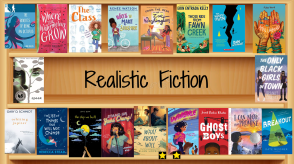 One of Laura's realistic fiction slides, with book covers face out on a shelf