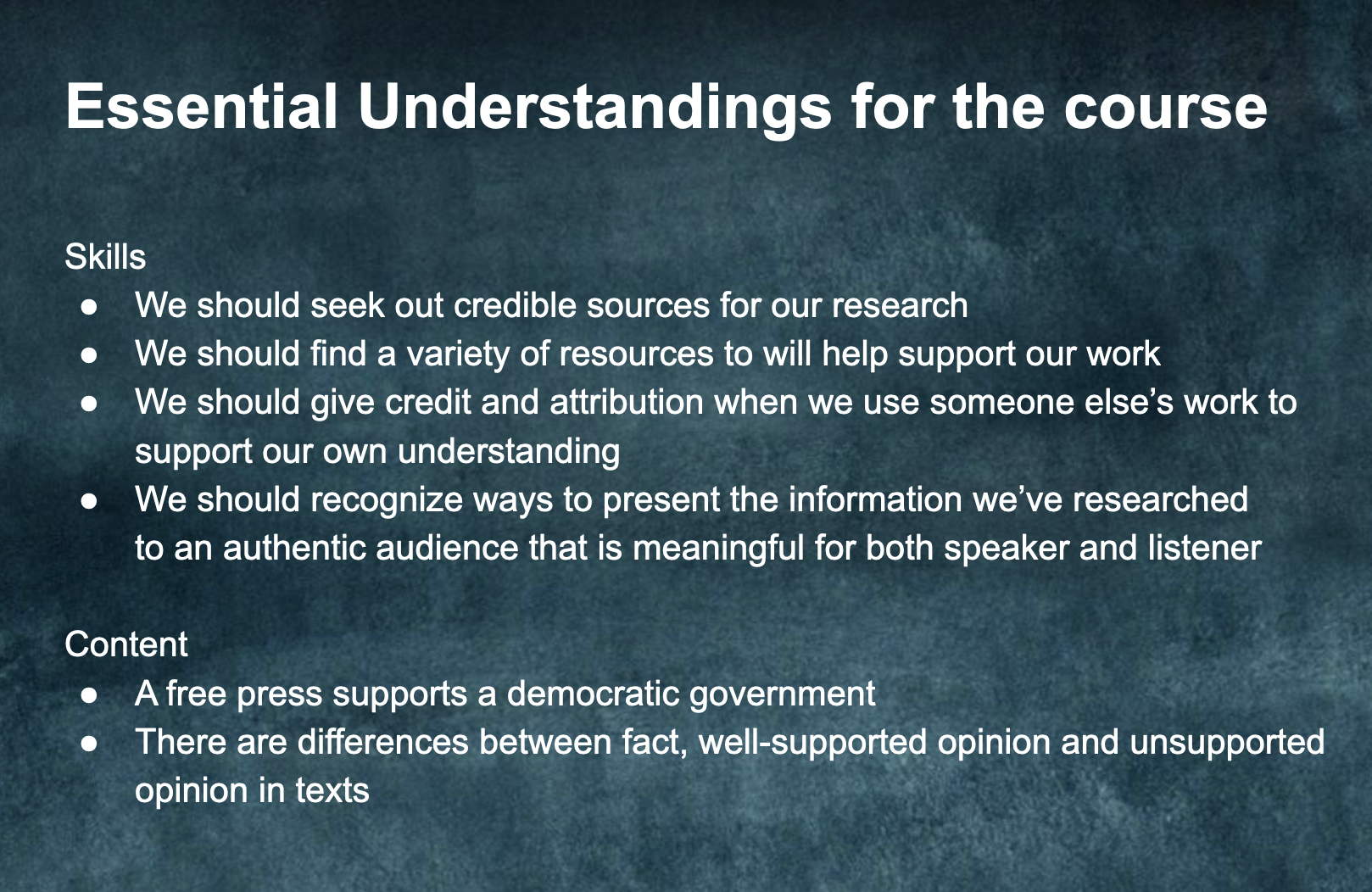 Colleen Simpson's slide of essential understandings for the course