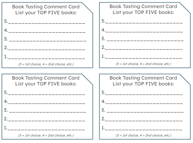 Book Tasting Comment Card - Top Five