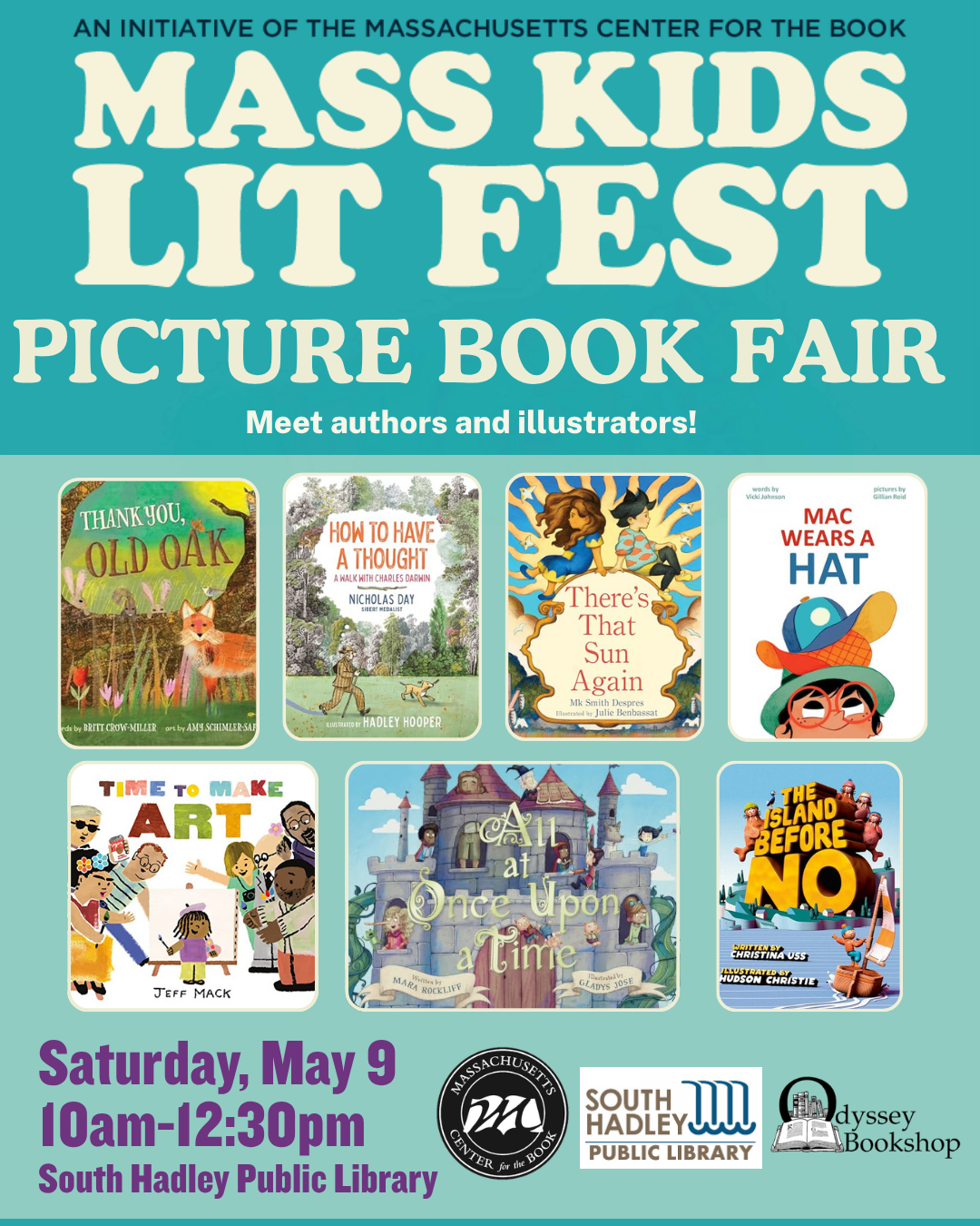 Flyer for Mass Kids Lit Fest Picture Book Fair with book covers